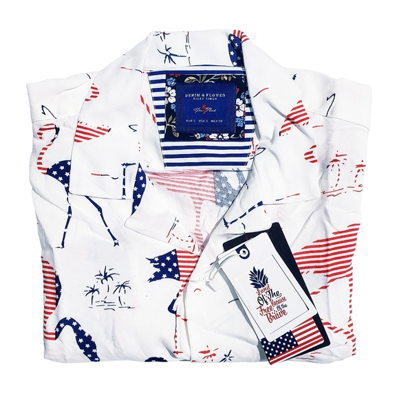 Denim & Flower Ricky Singh Mens Land Of The Free Flamingo Print Shirt Small NWT - Picture 3 of 5